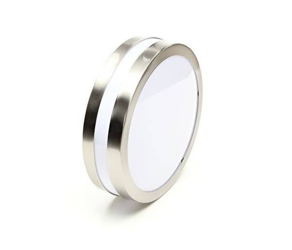 Round, modern lamp made of metal and glass with a minimalist design. Perfect for wall or ceiling mounting in a contemporary setting.