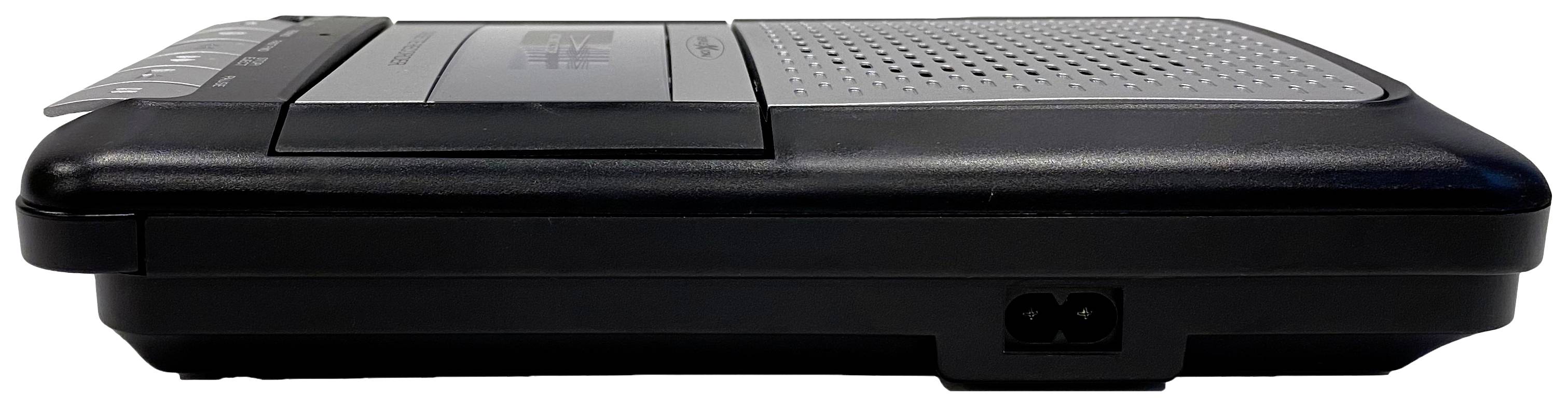 A black cassette recorder viewed from the side. Buttons are located on the left, with a speaker grille on the right.
