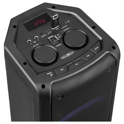 Black portable party speaker with LED display, two control knobs, microphone and auxiliary jacks, power switch, and front grille.