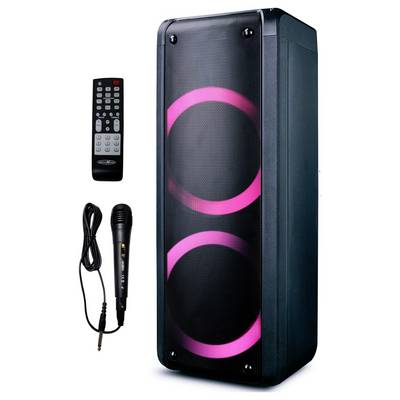 Portable party speaker with pink LED rings, remote control, and wired microphone on a white background.