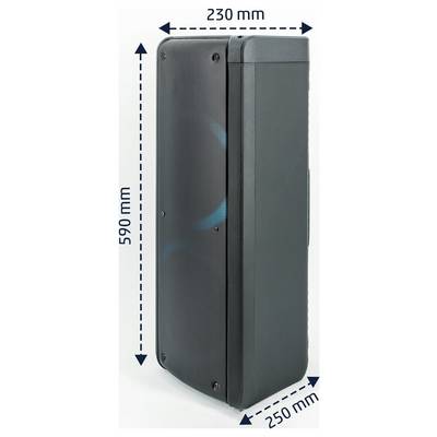 Dimensioned image of a tall rectangular speaker cabinet, labeled 590 mm high, 230 mm wide, and 250 mm deep.