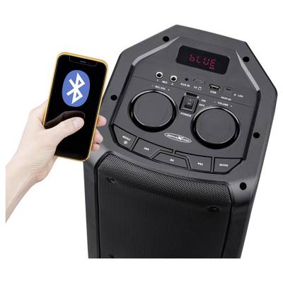 Hand holding a smartphone with Bluetooth symbol next to a portable speaker displaying 'BLUE' on its LED screen.