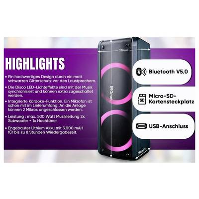Advertising graphic of a portable speaker highlighting: Bluetooth 5.0, Micro-SD card slot and USB connection; additional product features are listed on the left.