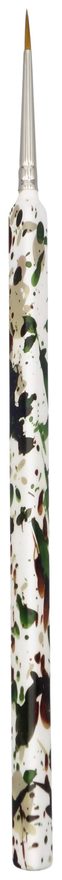 Fine-tipped paintbrush with a patterned handle in green and brown shades.