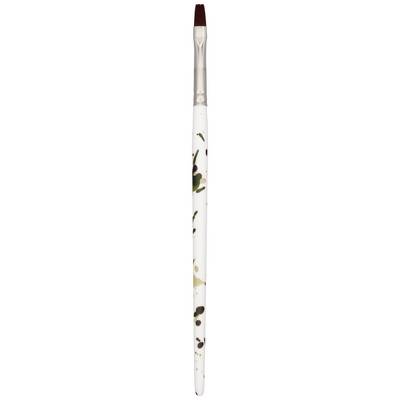 A paintbrush with a white, leaf-patterned handle and a brown brush head.