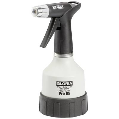 Spray bottle with the inscription 'GLORIA, The Original, Fine Sprayer, PRO 05'. Black handle and white body.