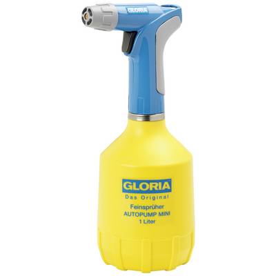 'GLORIA AUTOPUMP MINI' Fine Spray Bottle, 1 Litre, yellow body with blue handle, suitable for controlled spraying of liquids.