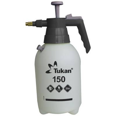 Manual pressure sprayer 'Tukan 150', white plastic bottle, grey handle and pump mechanism, capacity 1.5L, pressure up to 3 bar.