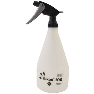 A white 1-litre spray bottle with a black spray nozzle. 'Tukan 100' is printed on it.