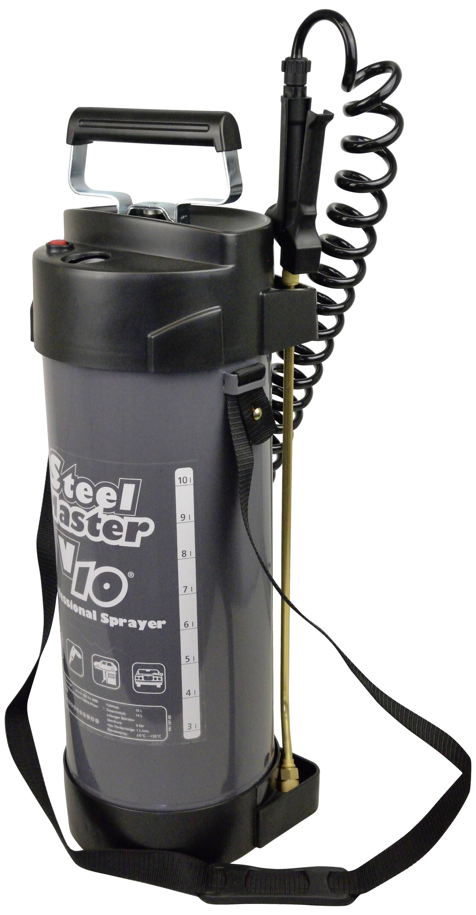 Portable high-pressure sprayer with handle and shoulder strap, black and grey design, suitable for gardening or cleaning purposes.
