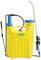 Yellow spray pump with blue pump mechanism and long metal nozzle, standing upright.