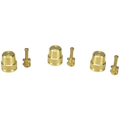 Six golden nozzles with different shapes and sizes, arranged in three pairs, on a white background.