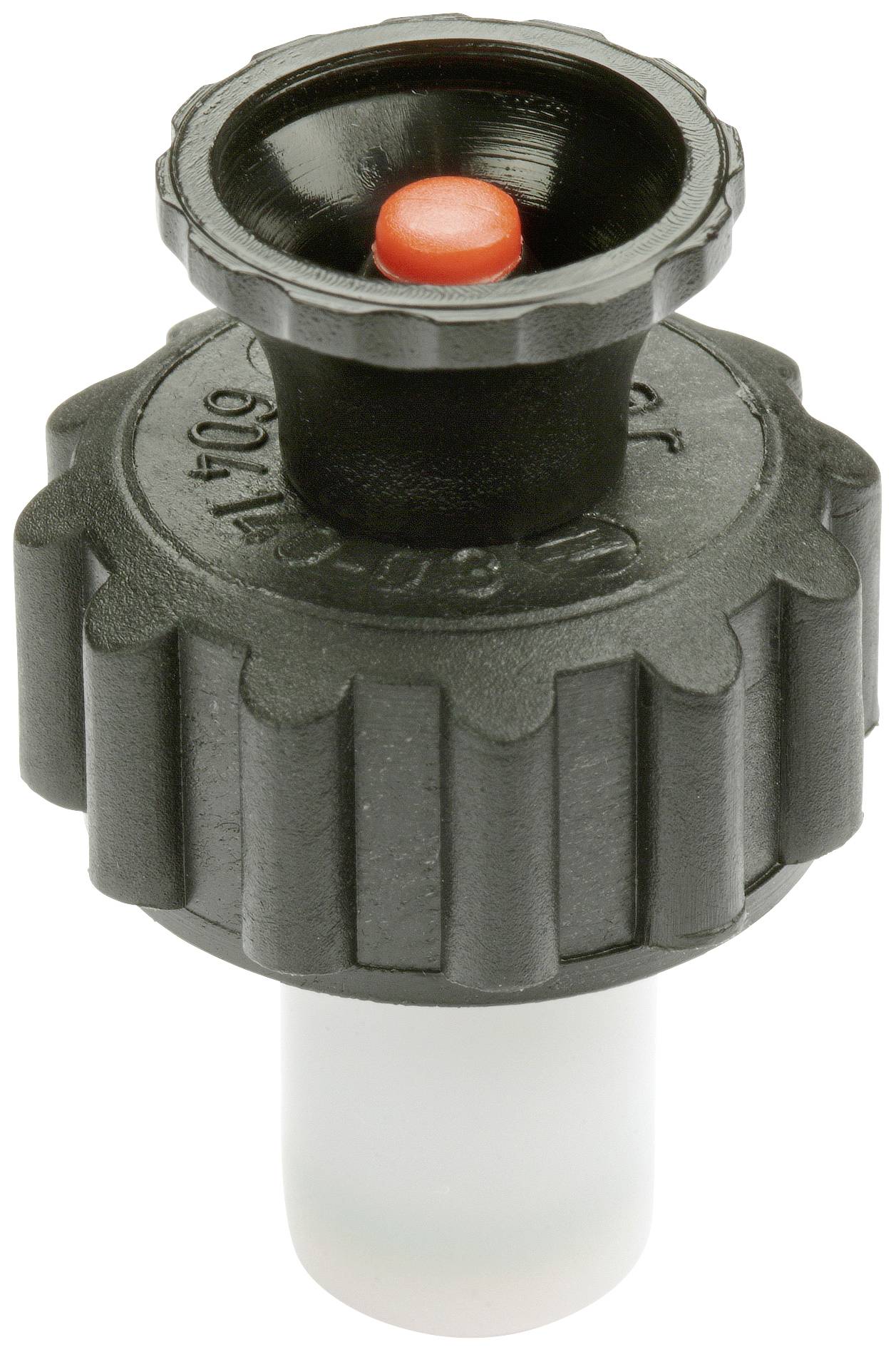 Black plastic valve with red button. Upper part ribbed for better handling. Valve stem white.