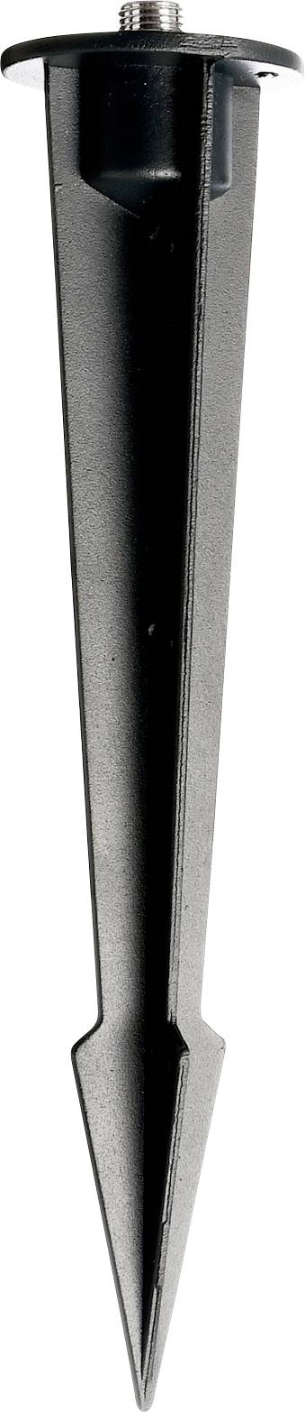 Black plastic ground spike, tapering to a point, with screw thread on the top surface, suitable for outdoor mounting.