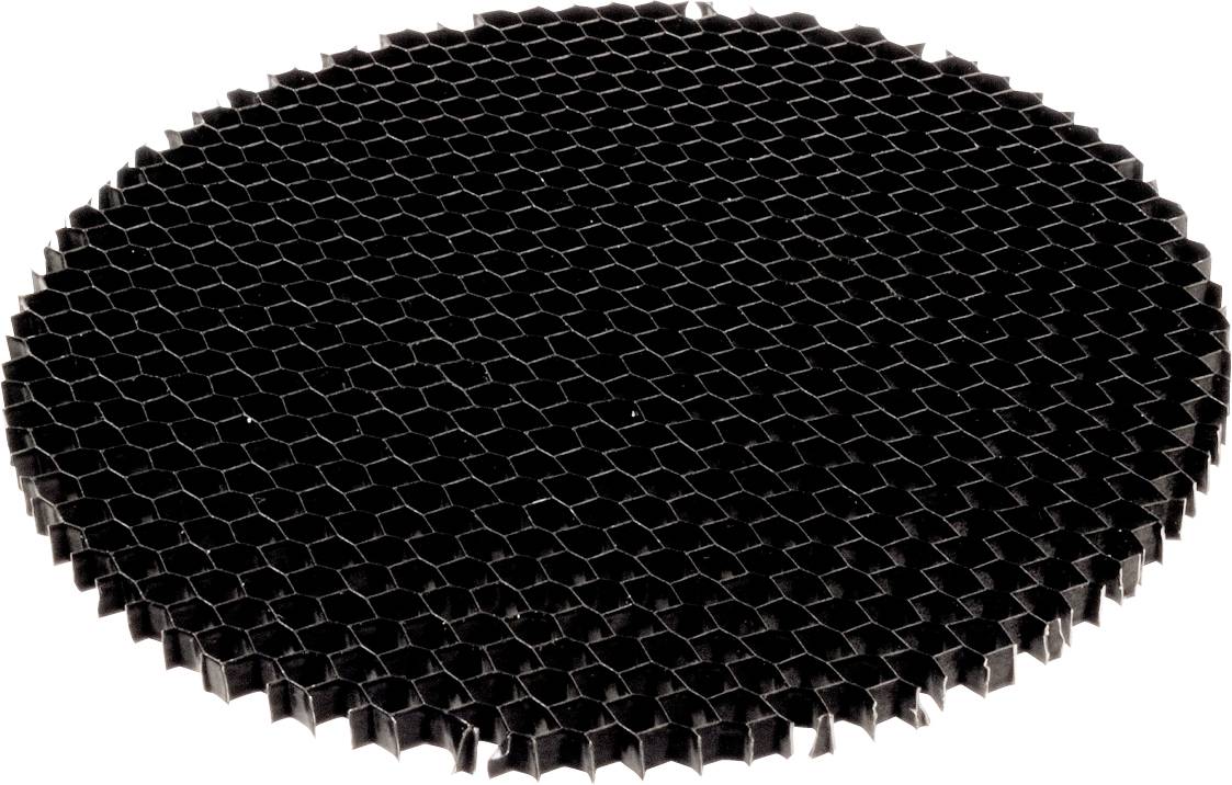 Black, honeycomb-shaped grid in circular form on a white background.