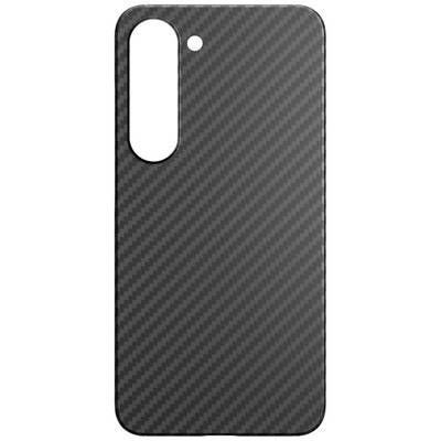 Phone case made from black carbon fibre material with cutout for camera lens and sensor.