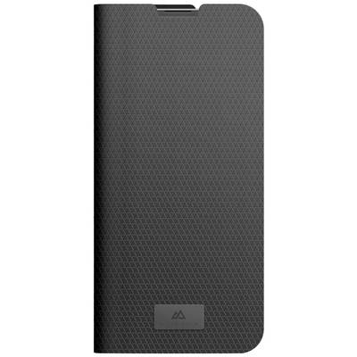 A black phone case with a subtle geometric pattern and a small logo at the bottom edge.