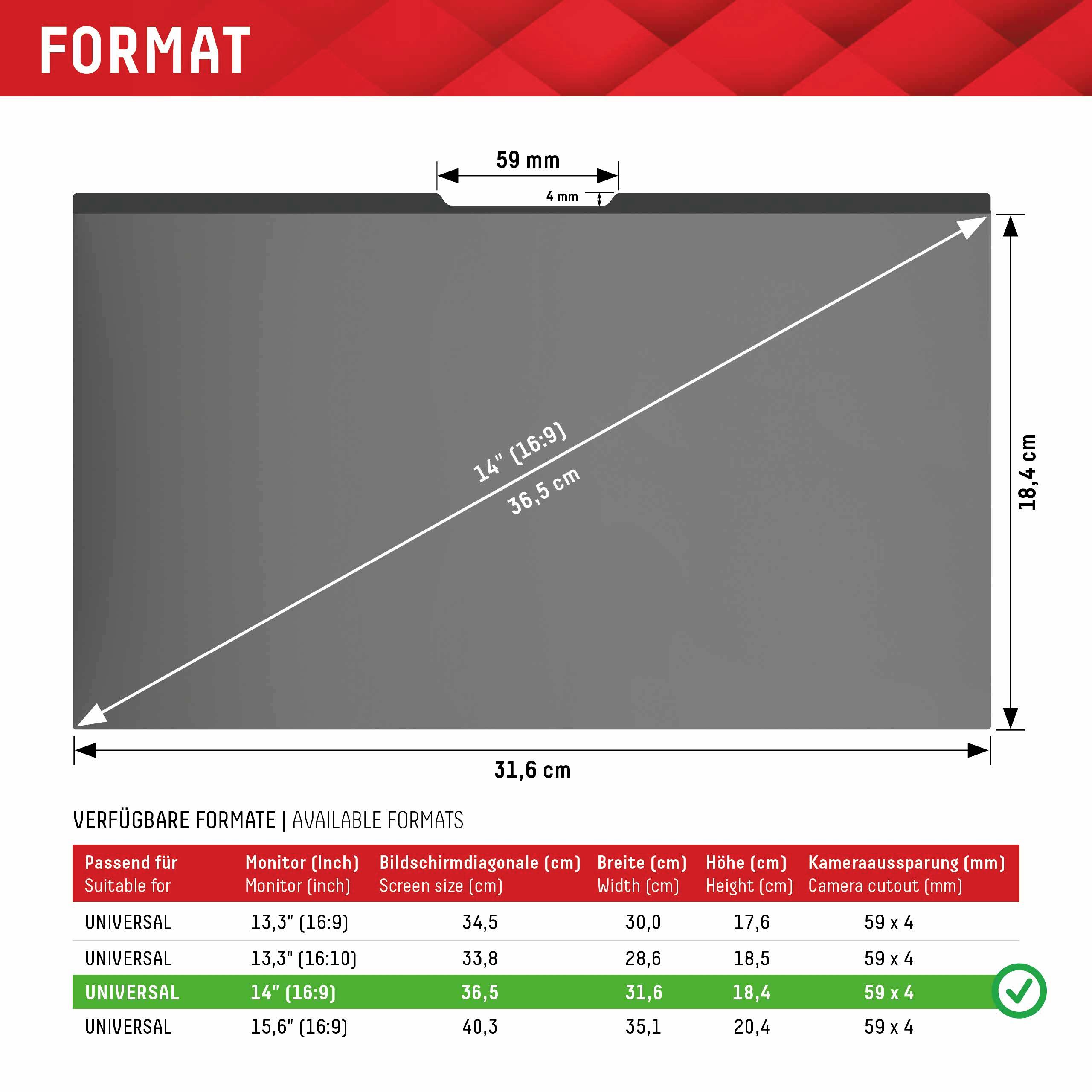 Image shows a grey screen measuring 31.6 x 18.4 cm, suitable for 14-inch displays. Corresponding note elements are present.