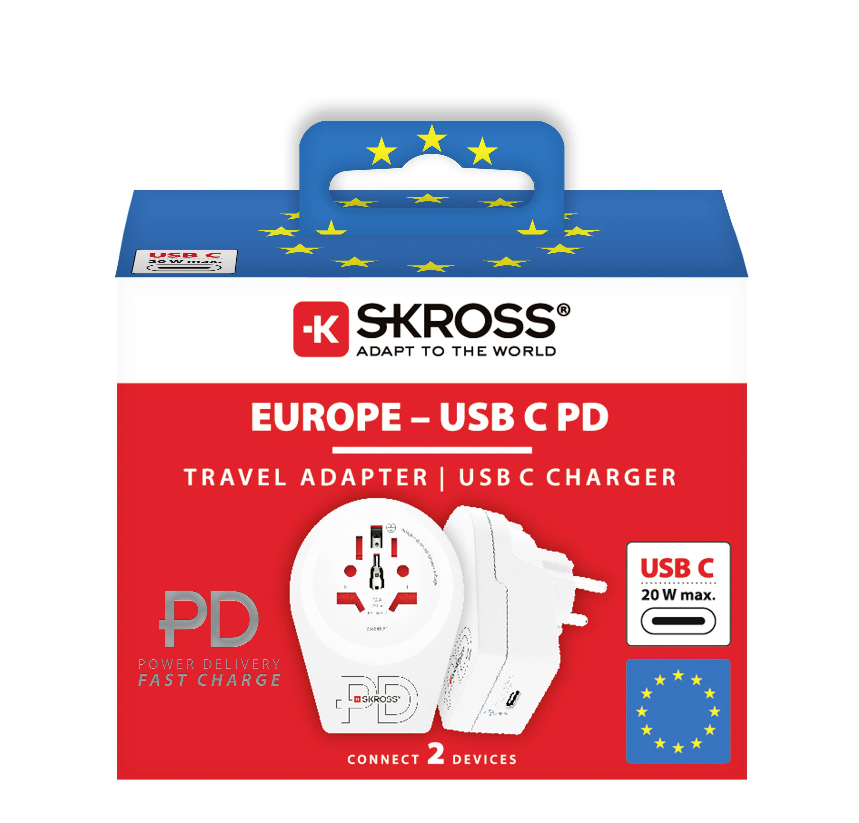 Packaging for a SKROSS USB C PD Travel Adapter for Europe, showing maximum 20 W output, with capability to charge two devices.