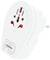 SKROSS adaptor plug with white casing, side-printed lettering and different socket inputs for international use.
