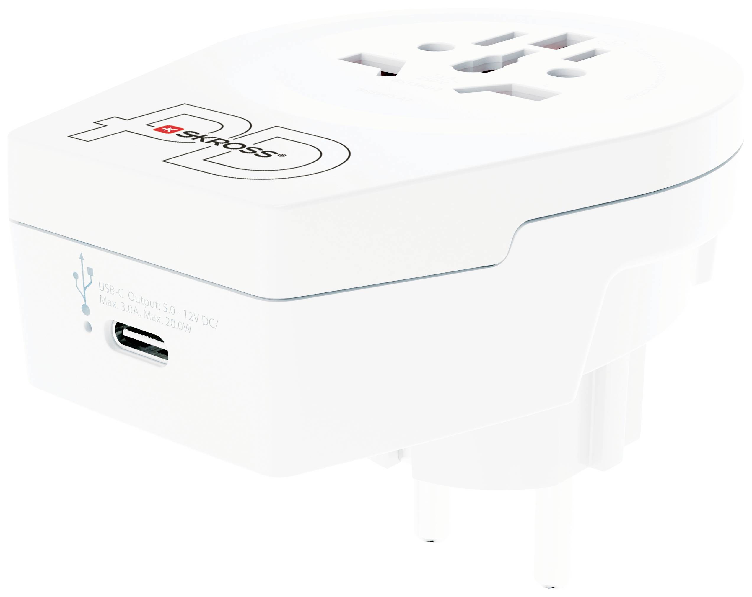 White travel adapter with various plug types and USB-C port, suitable for international use.