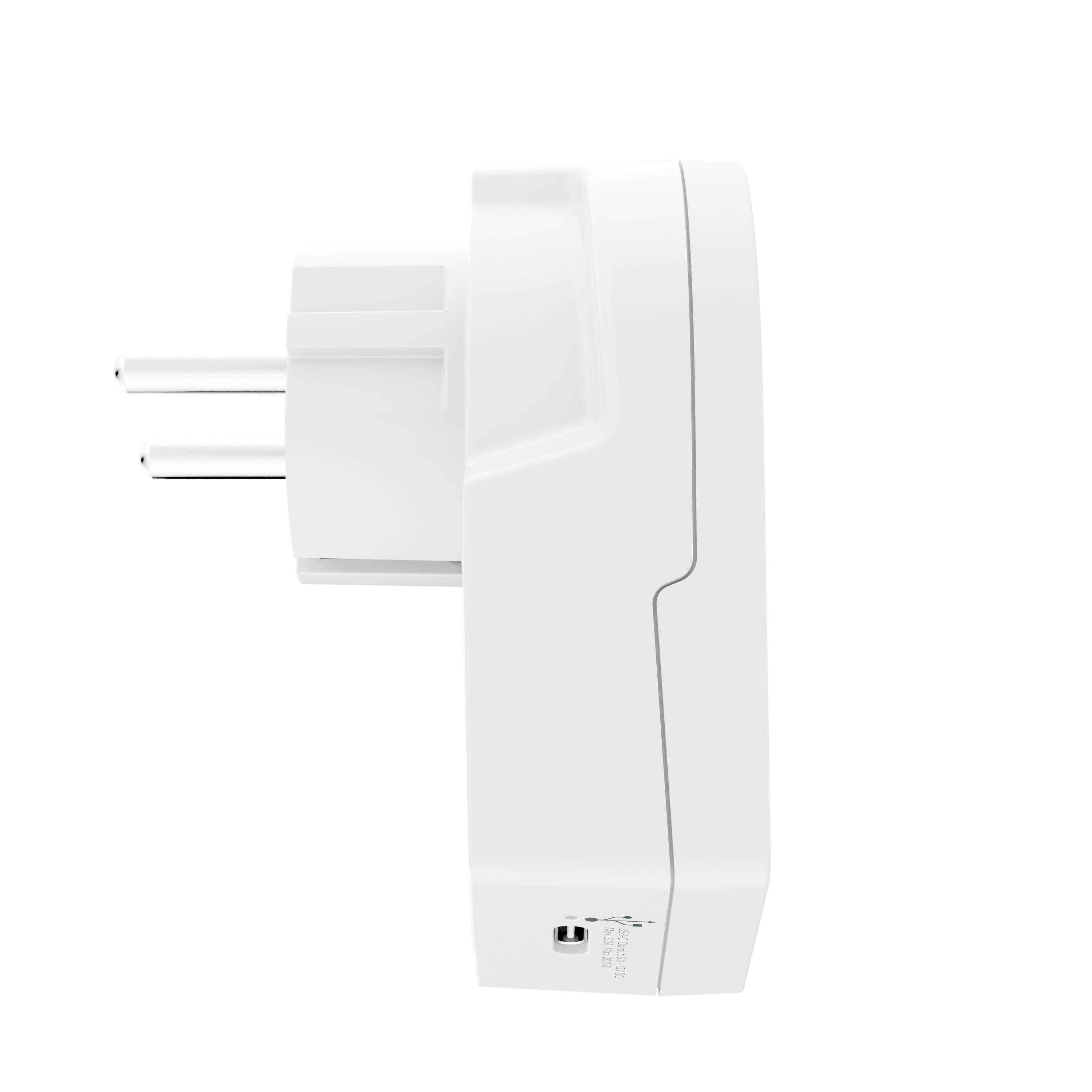 Side view of a white plug for smart home devices, with two metal pins for the electrical socket.