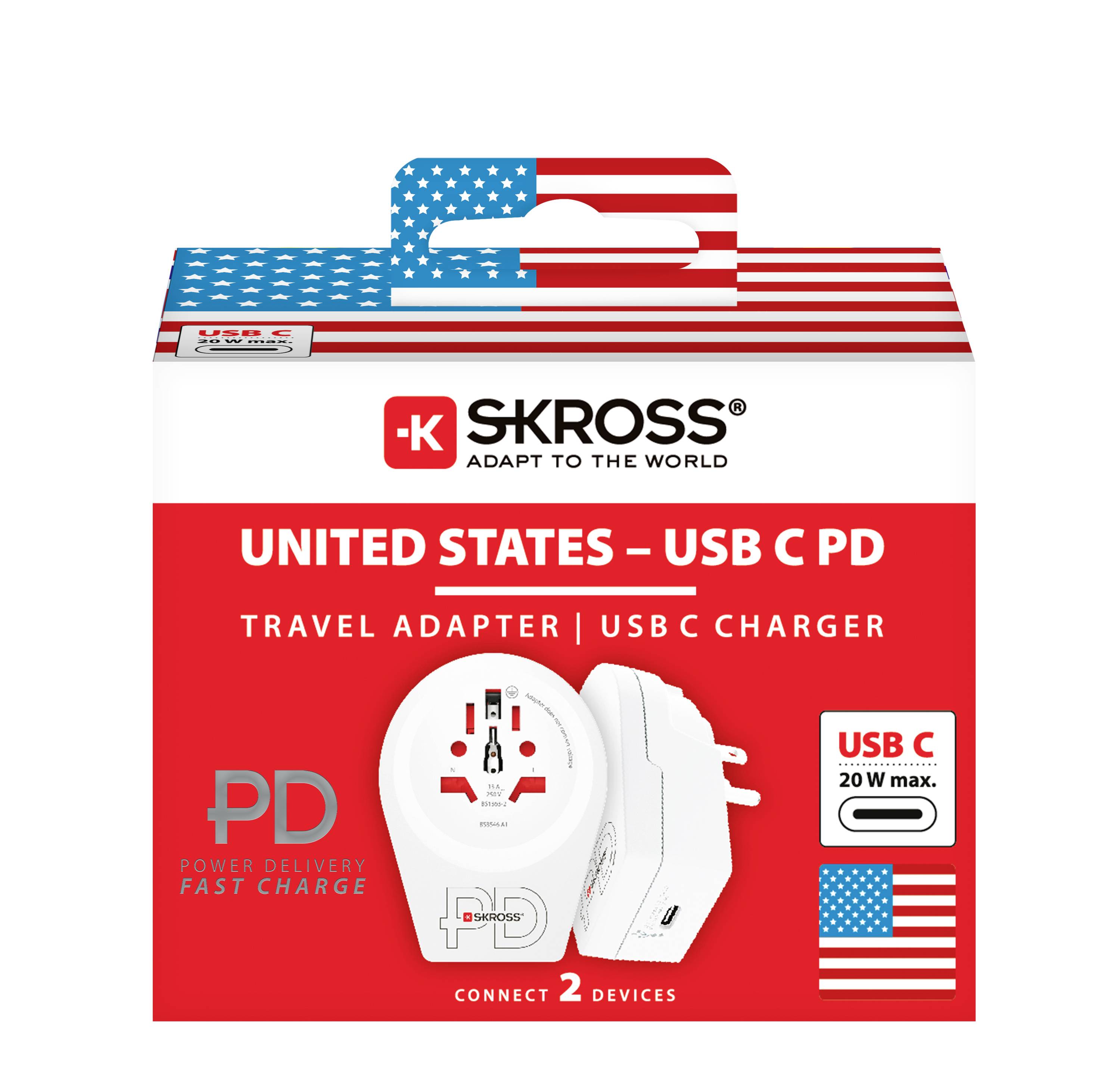 'SKROSS' Travel Adapter Packaging for the USA with USB-C PD, suitable for 2 devices. Print with US flag, maximum 20W power.