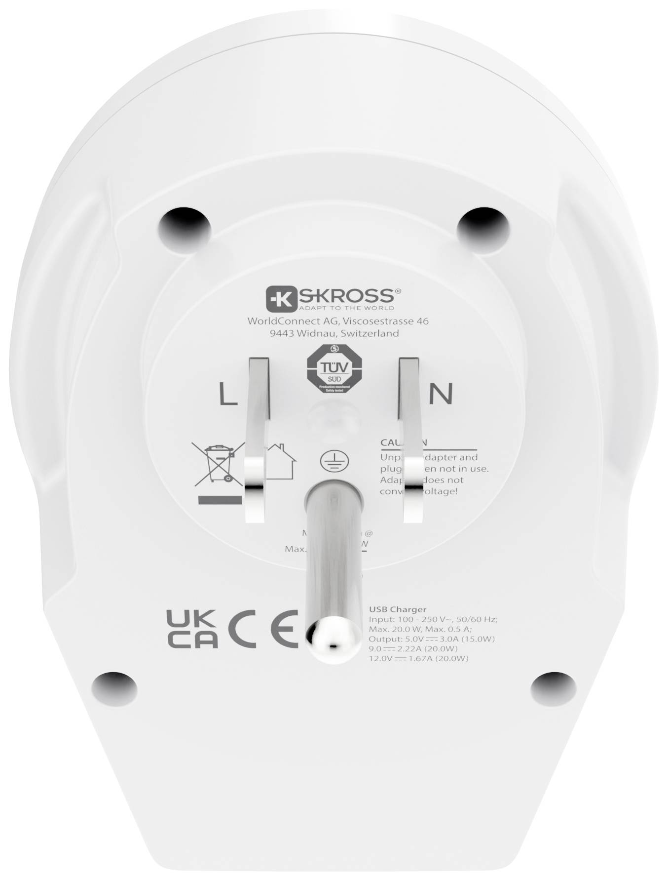 White travel adapter by SKROSS with European plug. Displays CE and UKCA certifications along with voltage information.