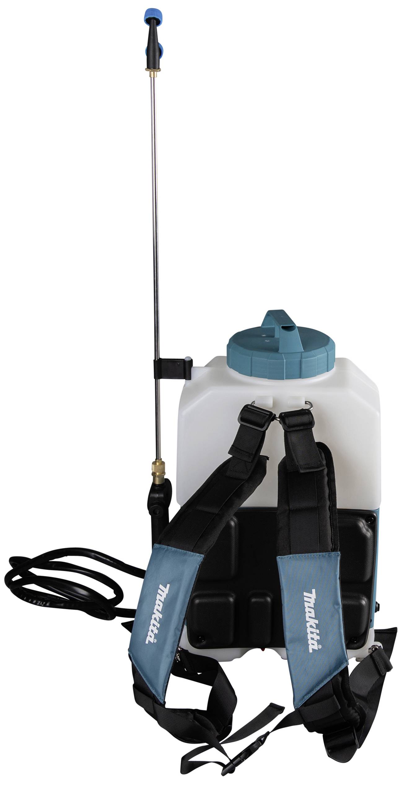 A backpack sprayer with adjustable straps and a long spray lance, suitable for gardening or agricultural applications.