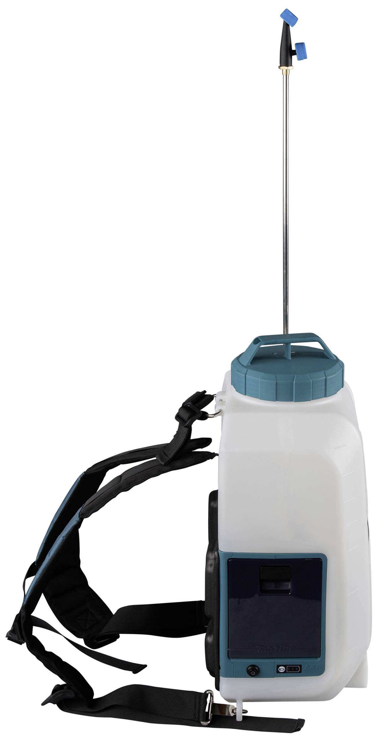 A portable backpack sprayer with a large plastic container, metal rod, and adjustable shoulder straps. Ideal for spraying liquids in gardens or fields.