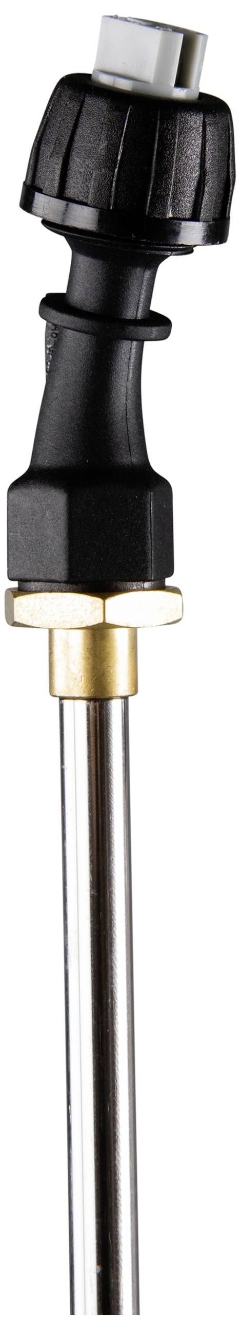 A black high-pressure washer attachment with metal rod and handle.