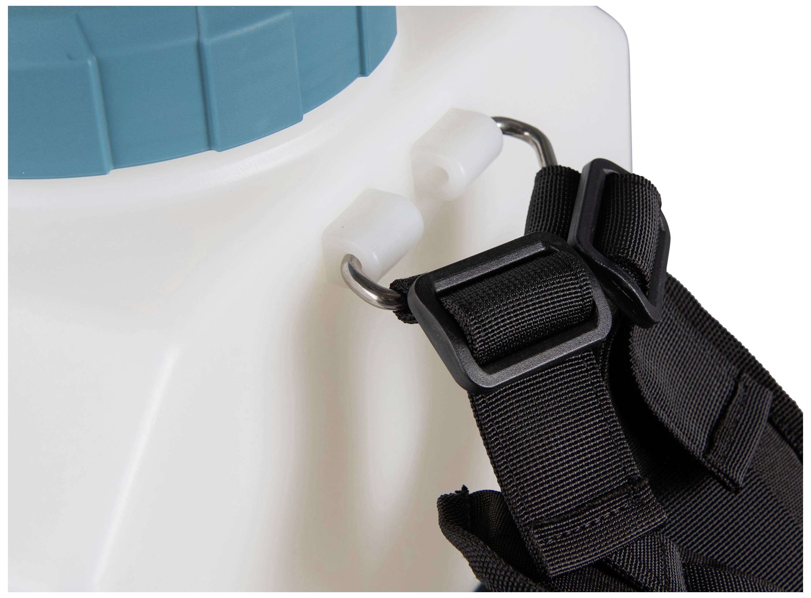 A white container with a blue lid, fitted with black shoulder straps for carrying.