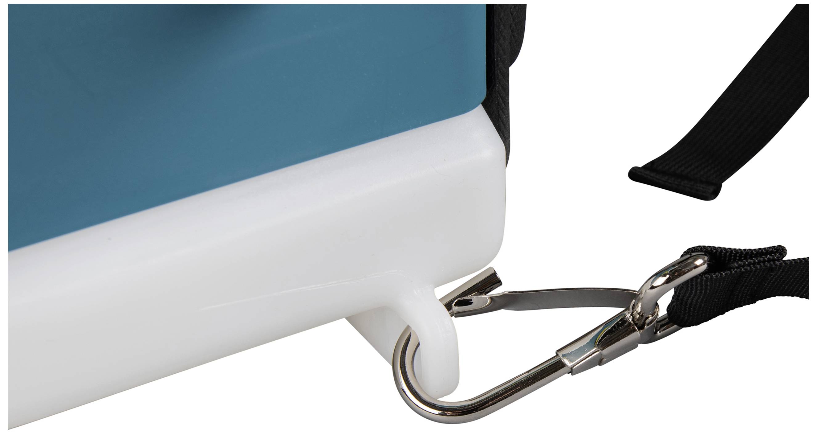 A carabiner clip fastens a black loop to a blue and white cool box, detailed portrayal of the attachment point.
