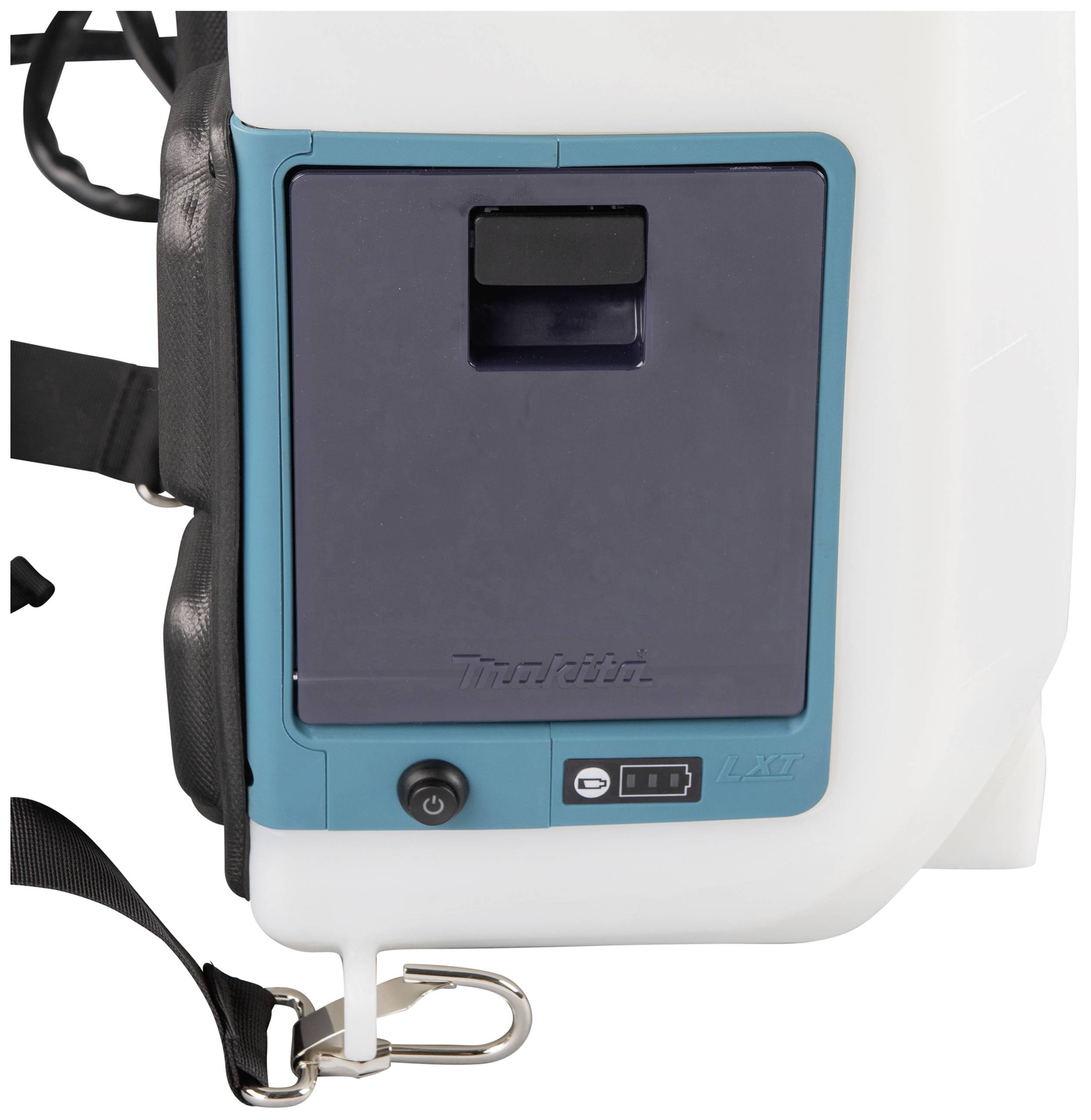 A portable device with a dark screen and strap. It has a door with a bolt and a small display for control.