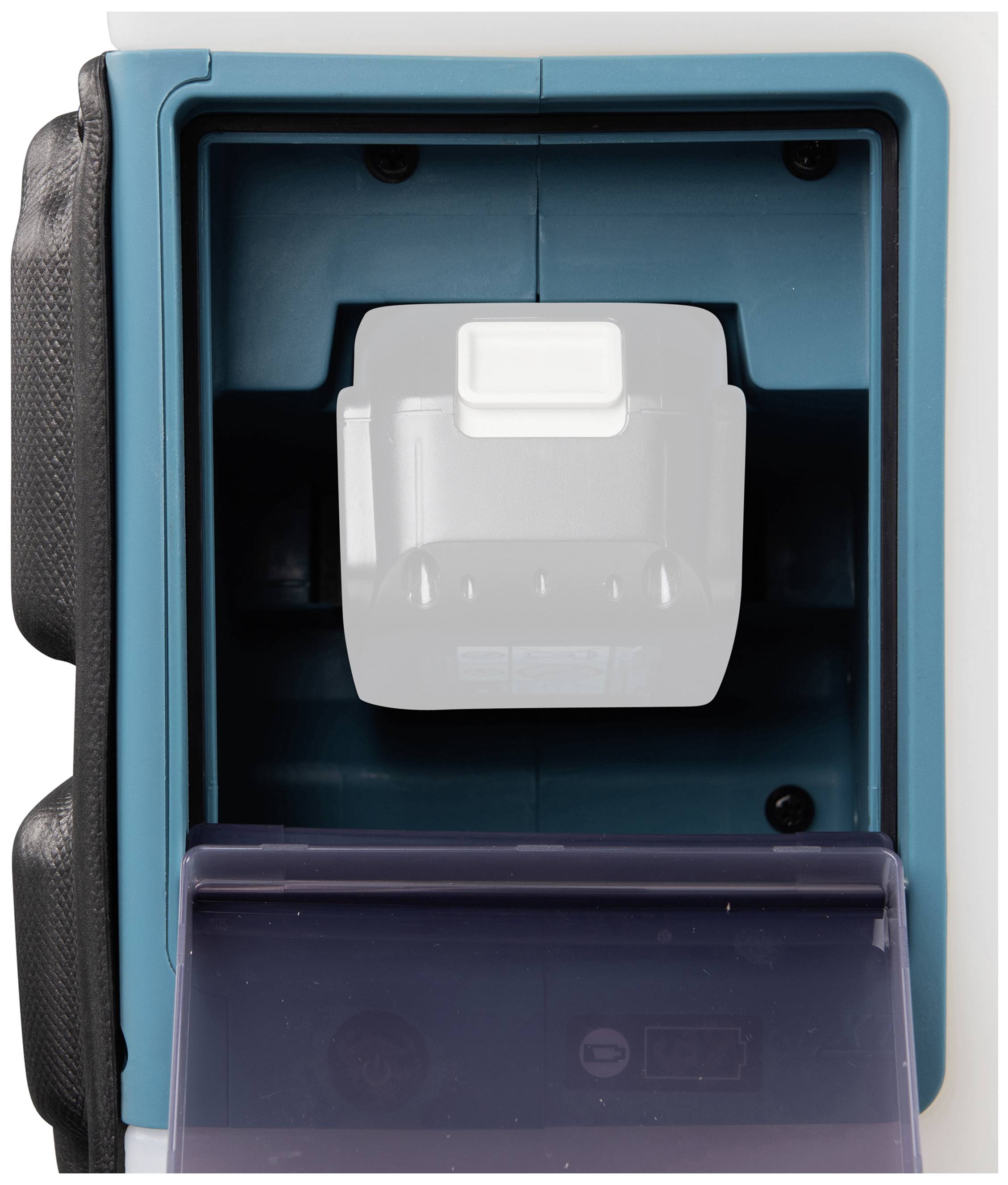 'Battery inserted in charger. Charger has an open compartment with a battery inserted. The charging indicator is not visible.'