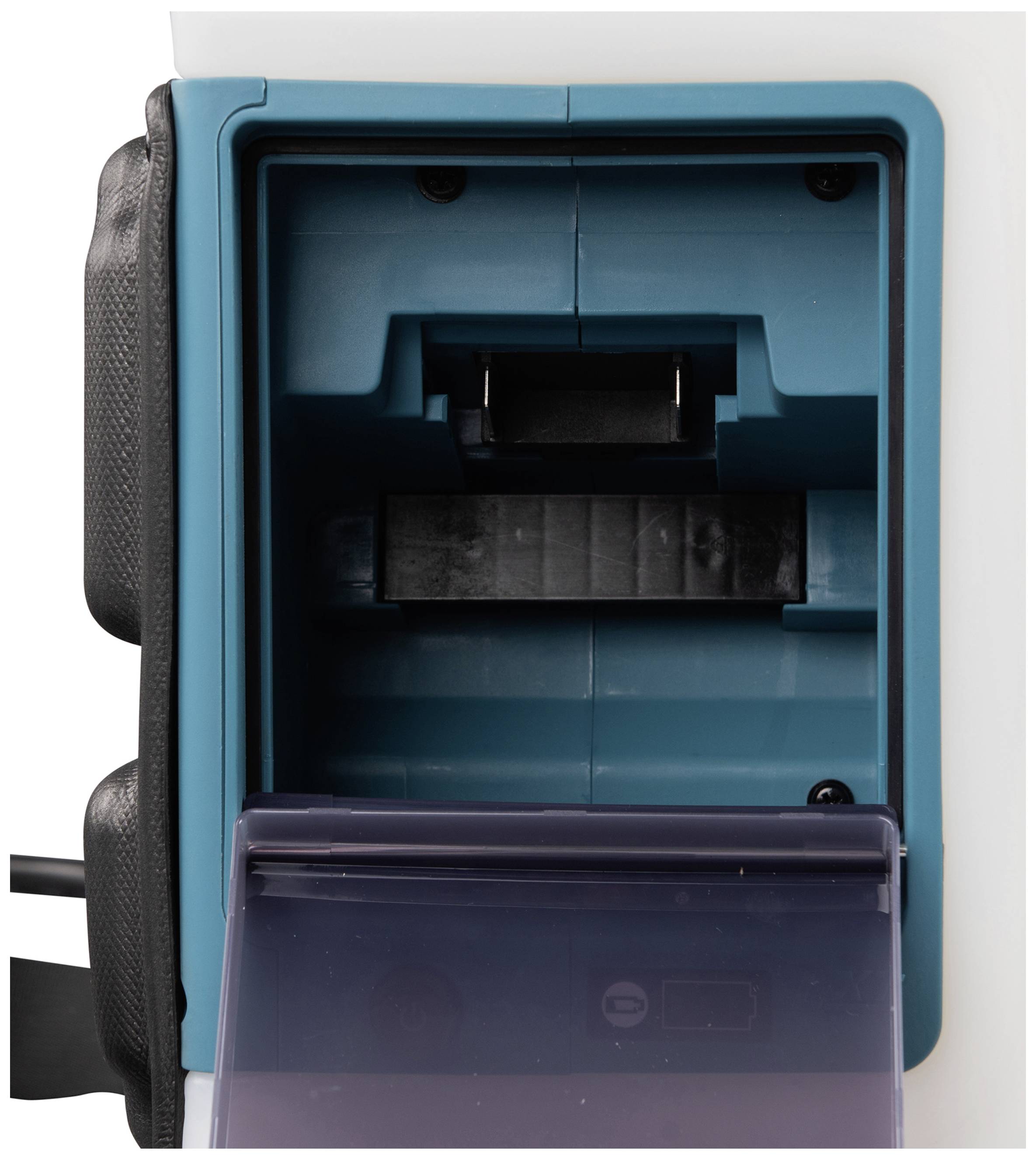 'Close-up of a tool chest with an open drawer. The interior is turquoise in colour, and the lid is transparent.'