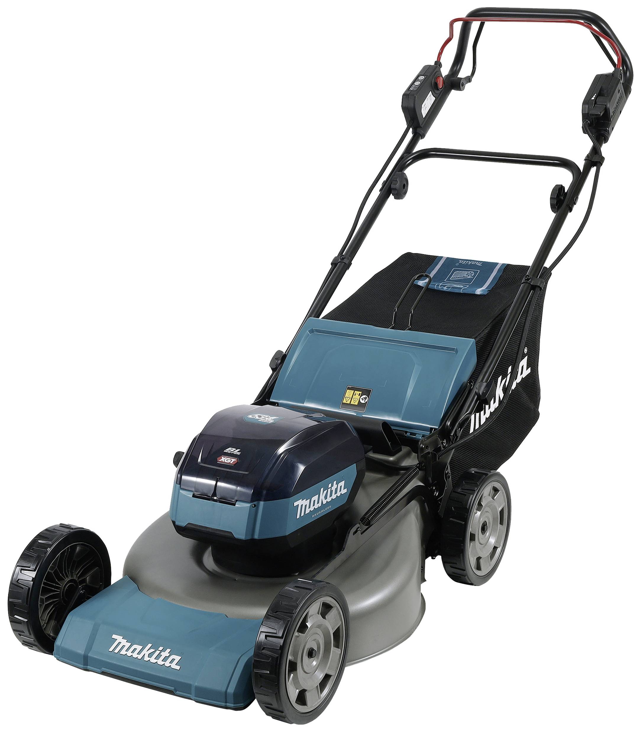 Makita lawn mower, turquoise-black, with battery power and grass collection box, suitable for medium-sized gardens.