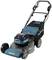 Makita lawn mower, turquoise-black, with battery power and grass collection box, suitable for medium-sized gardens.