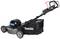 Electric lawnmower by Makita with a black grass collection box and blue accents, side view.