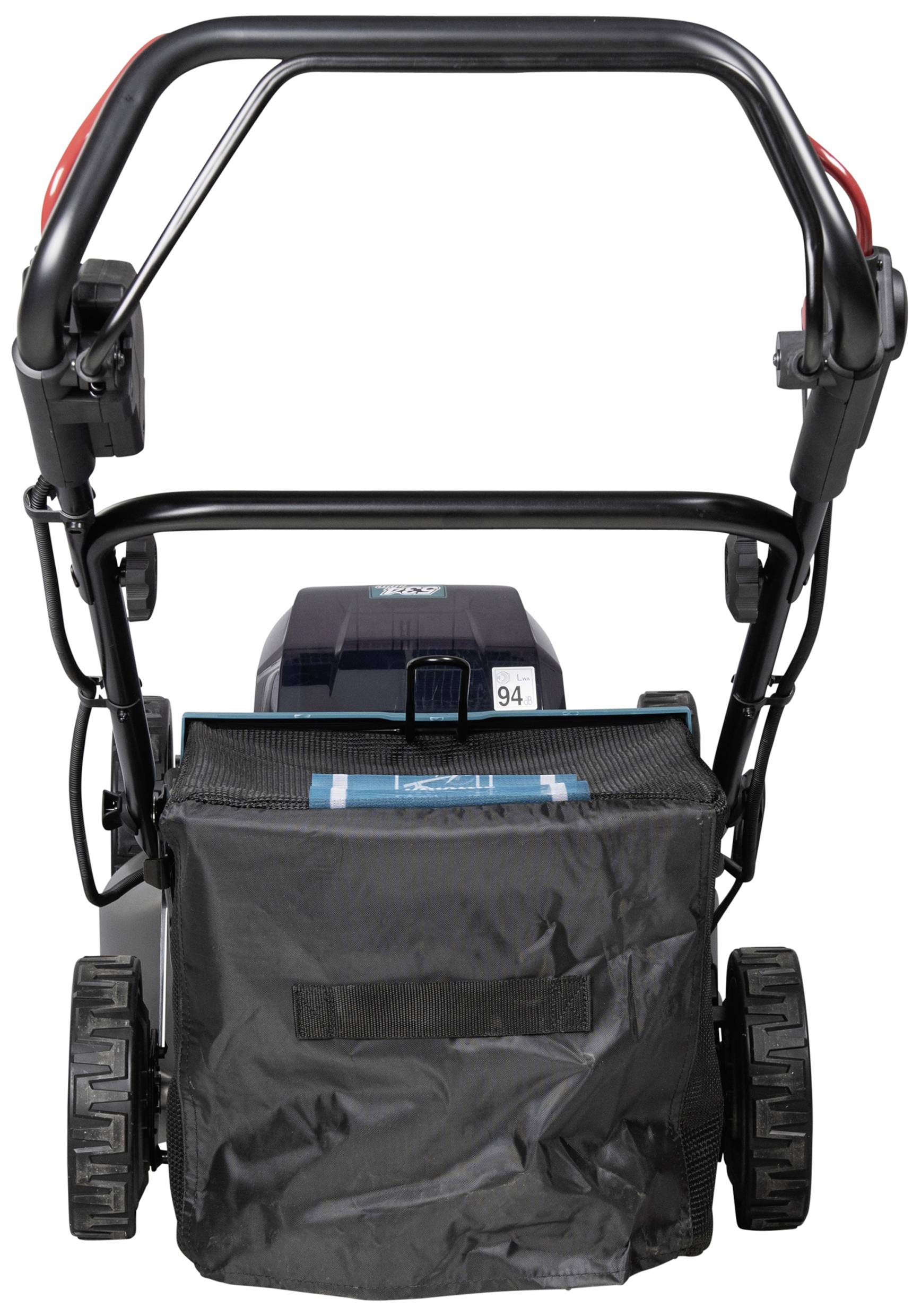 A lawnmower viewed from behind with a large grass collection bag and visible rear wheel. The handle is black with red elements.