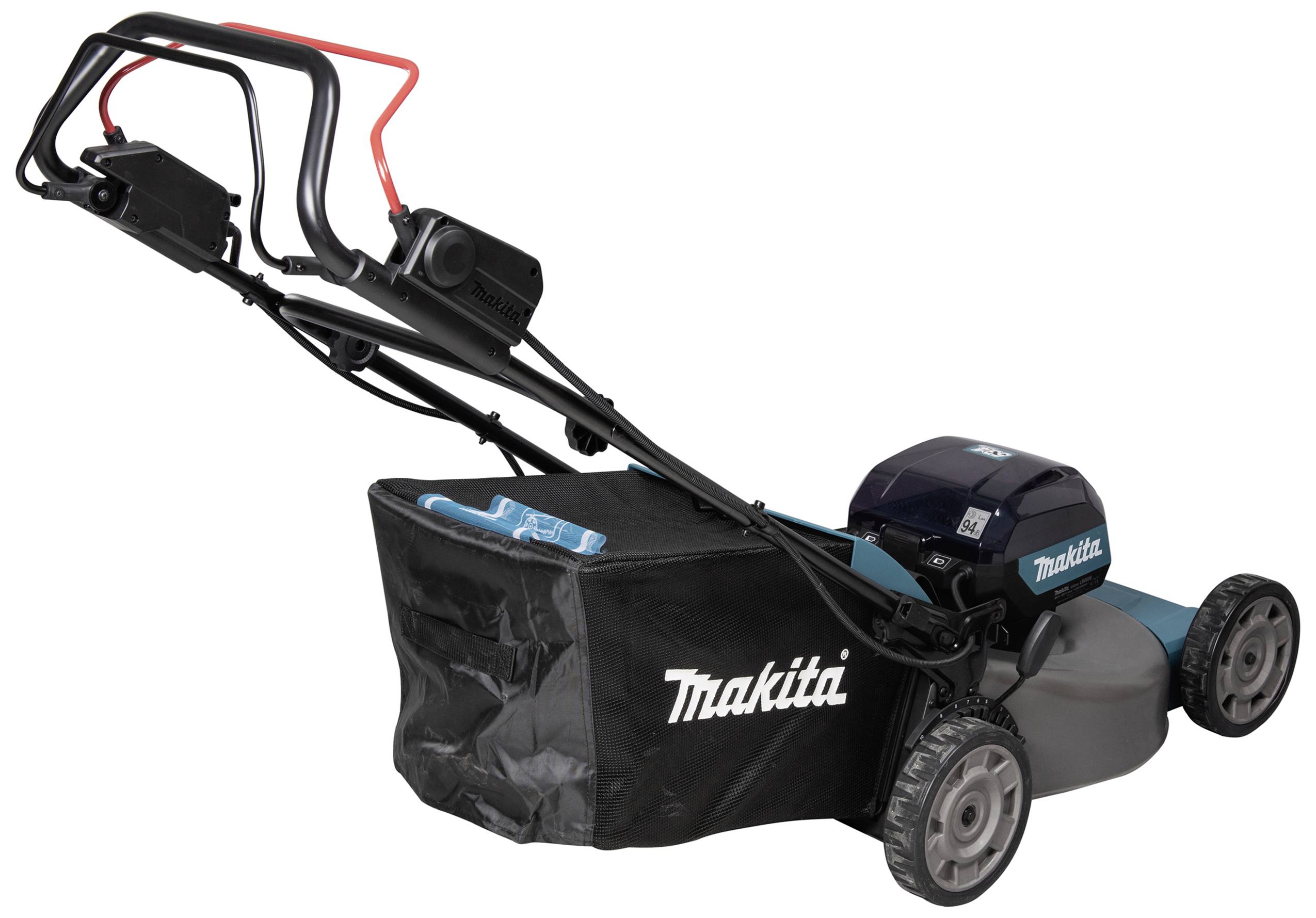 A lawnmower with black and blue design, with a grass collection box at the rear. The machine is standing on a grey surface.