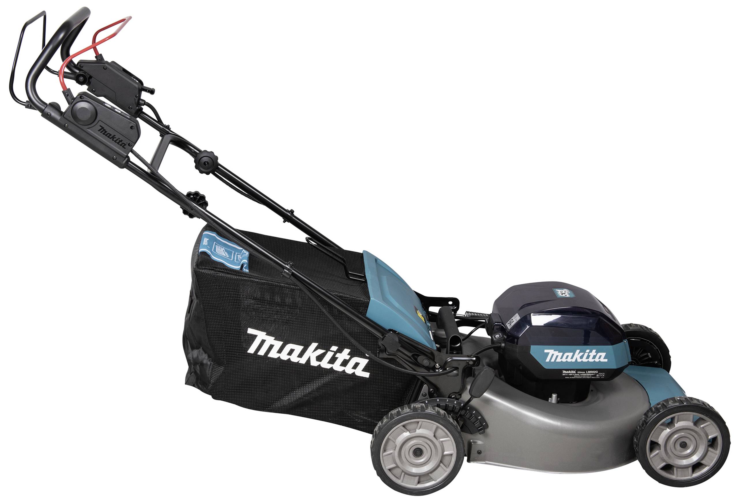 Battery-powered lawnmower from Makita with grass collection box. Suitable for cordless mowing of small to medium-sized lawns.