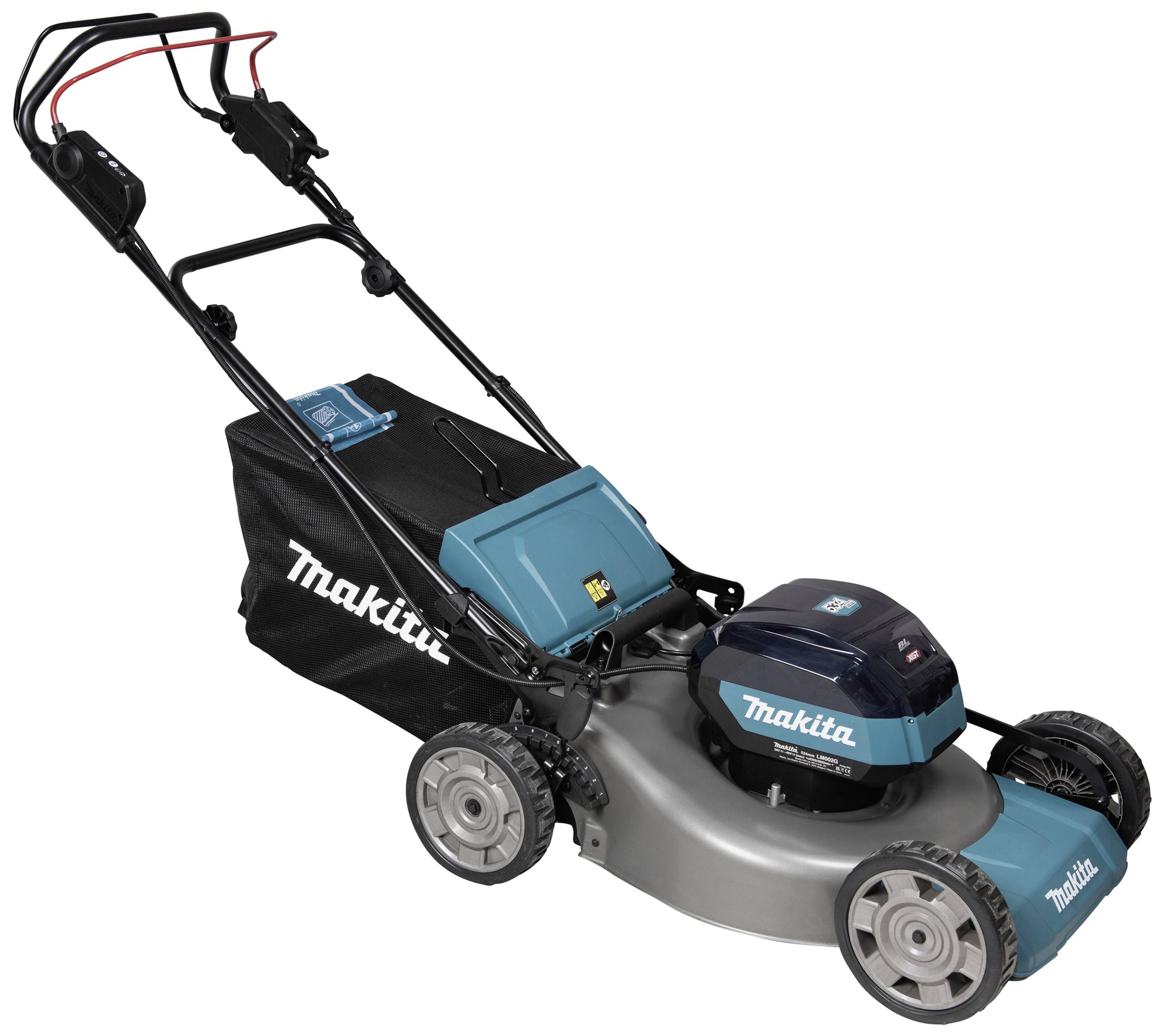 A blue and black cordless Makita lawnmower, with a rear collection bag and a push handle. Suitable for garden use.