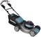 A blue and black cordless Makita lawnmower, with a rear collection bag and a push handle. Suitable for garden use.