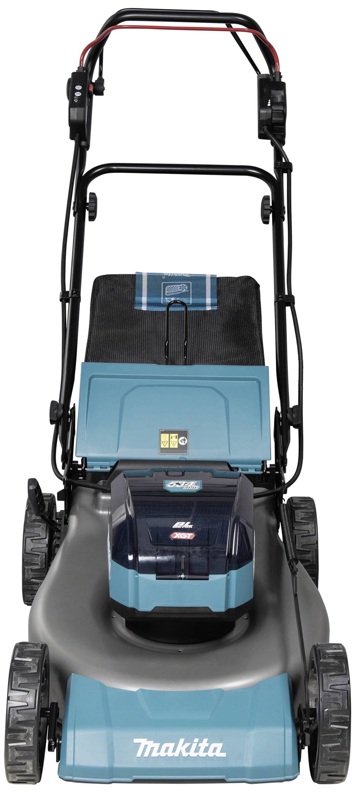 Electric lawnmower in blue, front view. Large handle, four wheels, and grass collection bag at the rear.