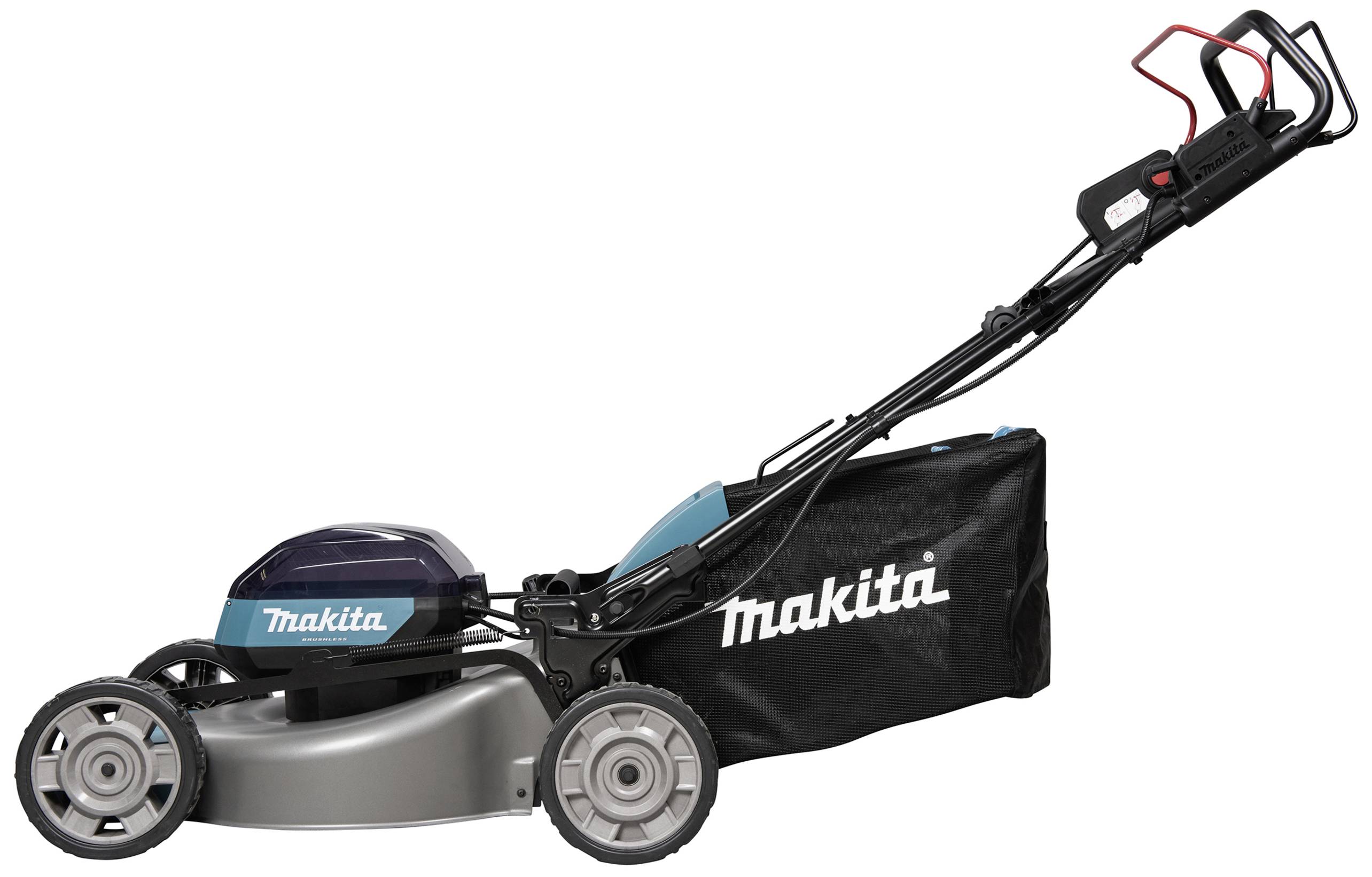 A Makita lawnmower with a black grass collection bag, large wheels, and a blue housing.