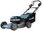 An electric lawn mower with dark blue and turquoise paintwork, four wheels, a grass collection box, and an ergonomic handle.