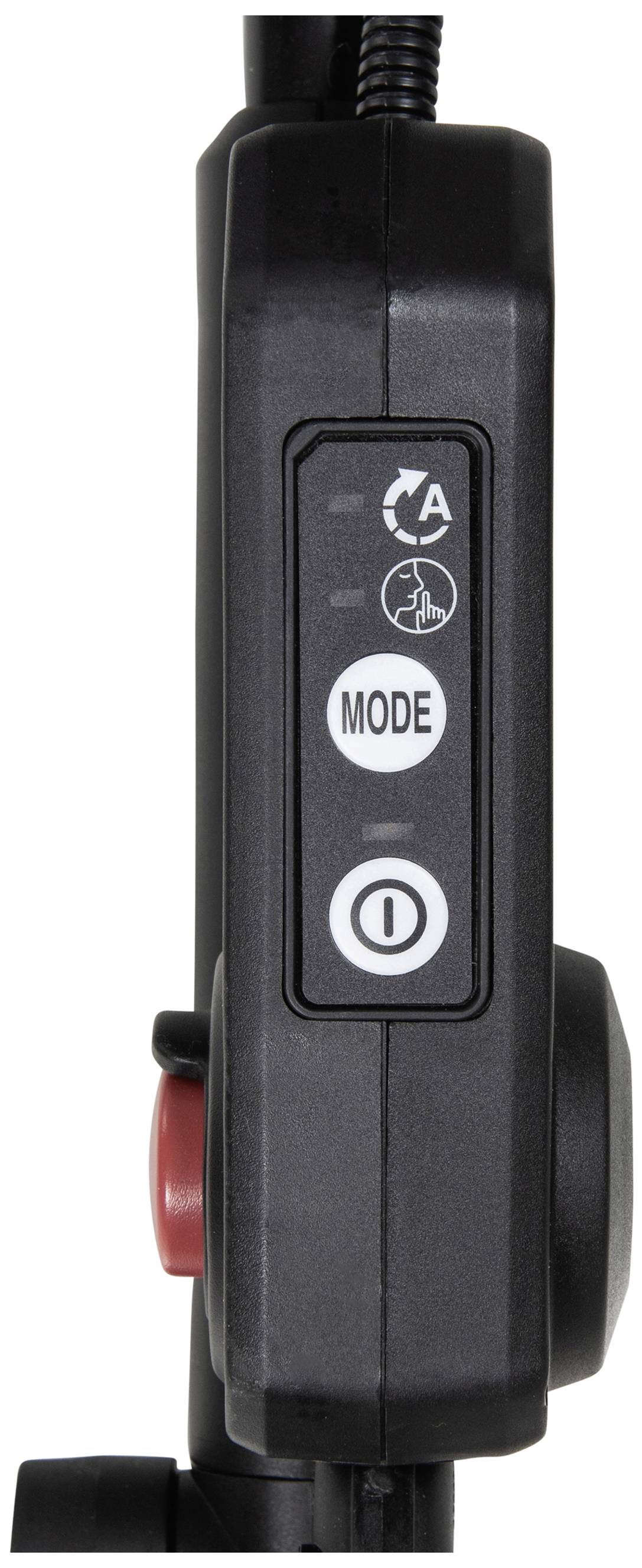 'Side view of a bicycle lamp control with three buttons: mode button at the top, power on/off switch below. Red button on the side.'
