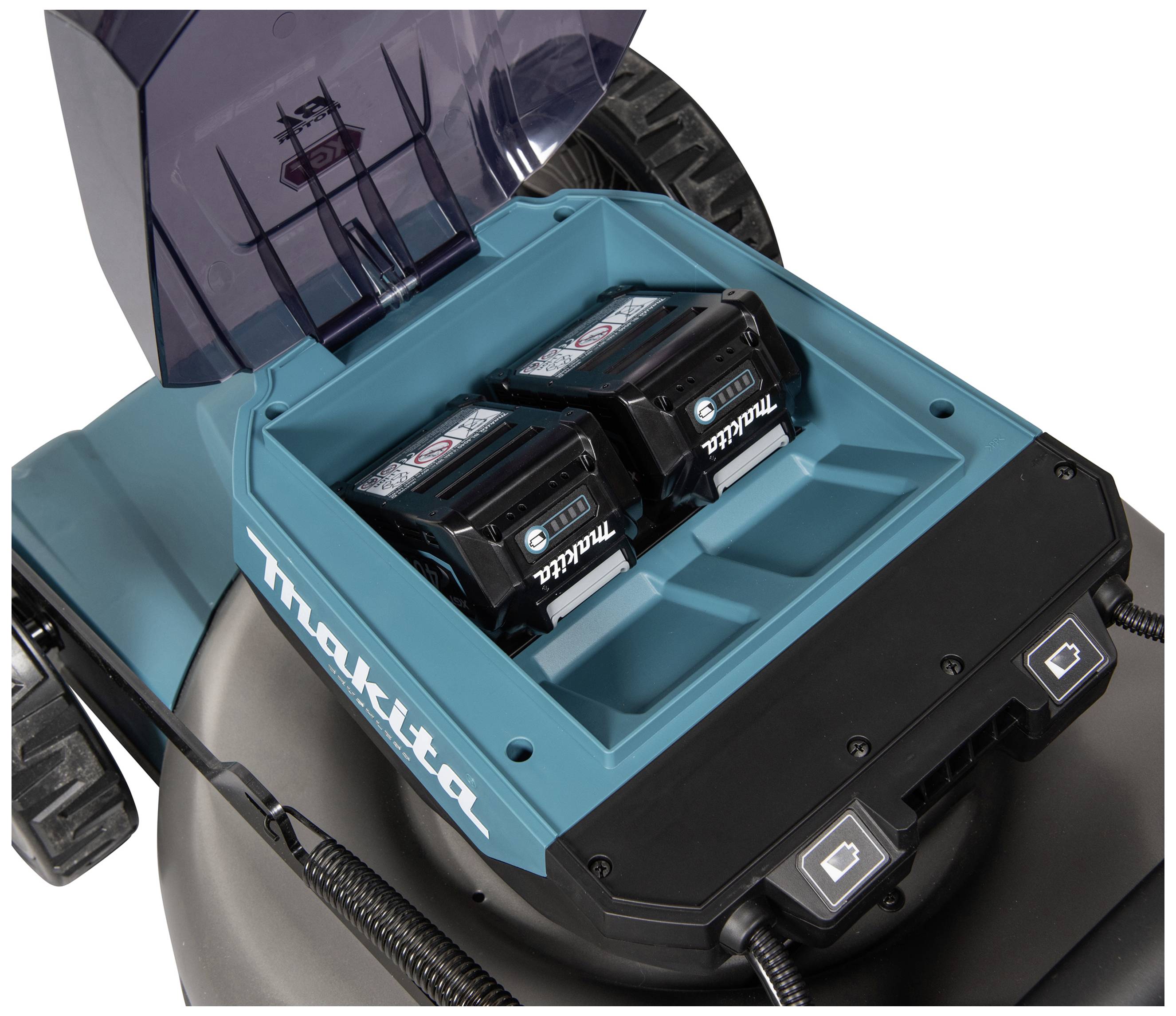 Makita lawn mower with open battery compartment, showing two inserted batteries.