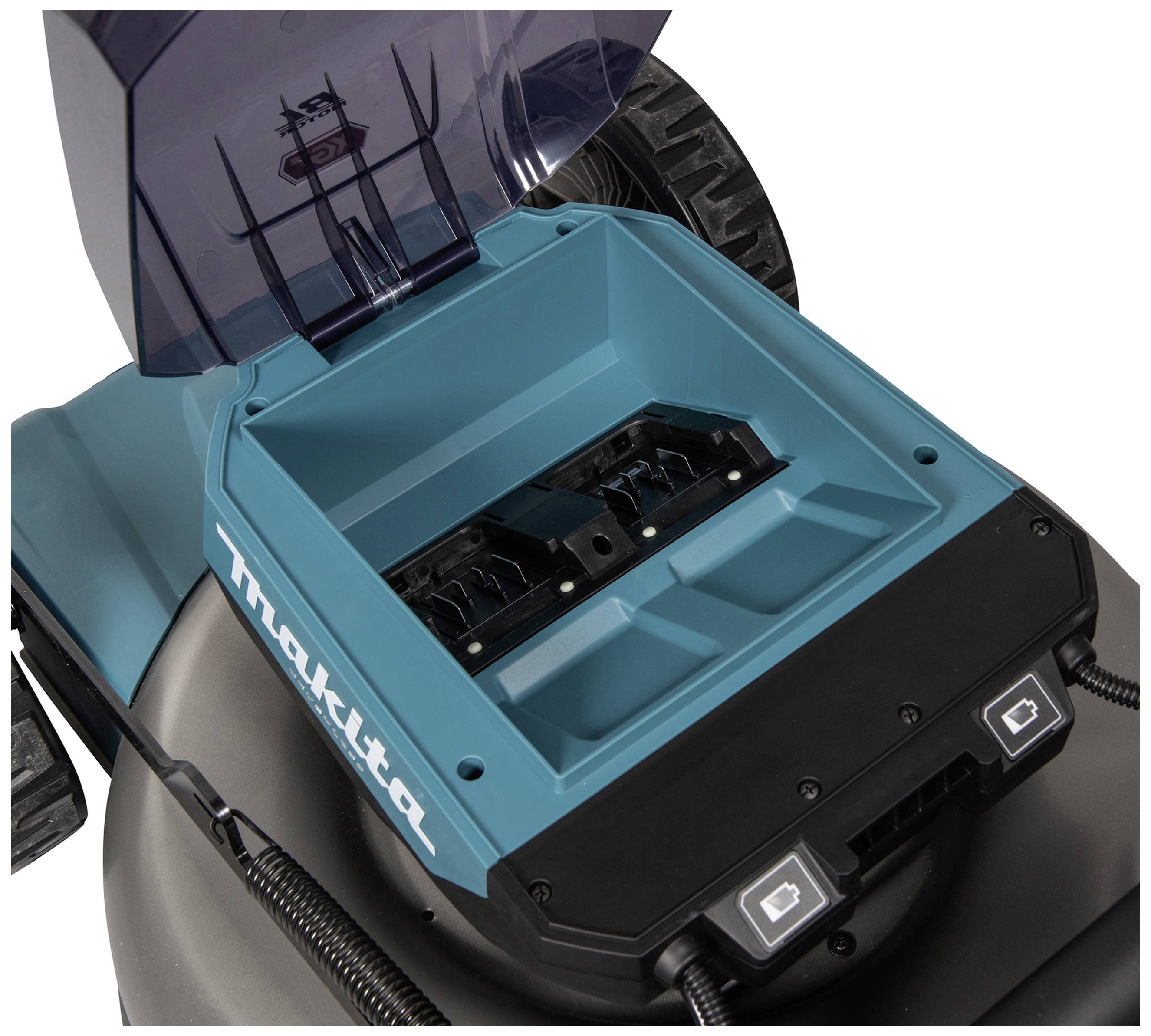 Lawnmower in close-up with open casing, showing the battery compartment. The brand logo is visible on the blue housing on the left.